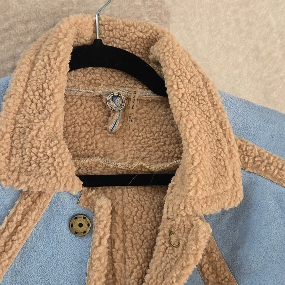 Blue Faux Suede Shearling Coat Jacket by One Girl Who - Small - Like New